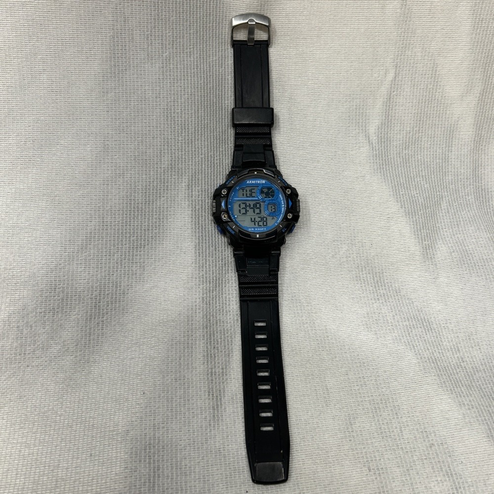 Armitron Pro Sport 408309 Digital Chronograph Watch New Battery Blue Black
